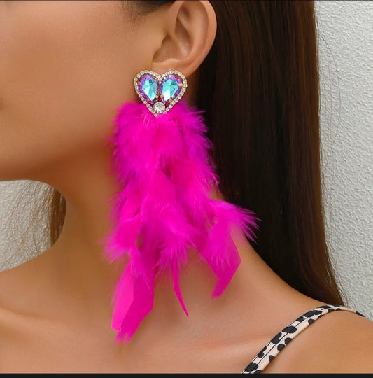 Pink feather heart earring